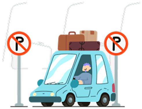 Illustration of a packed car stopped between two no parking signs