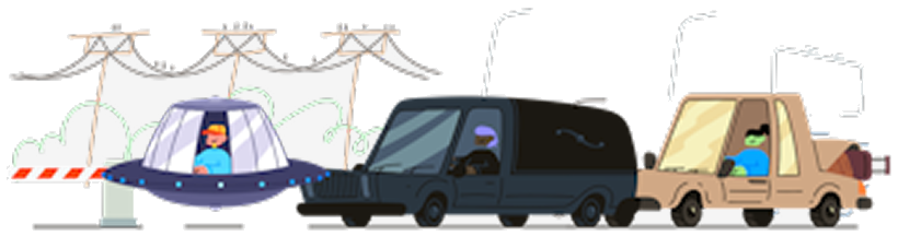 Illustration of a UFO, a black van, and a pickup lined up at a parking gate